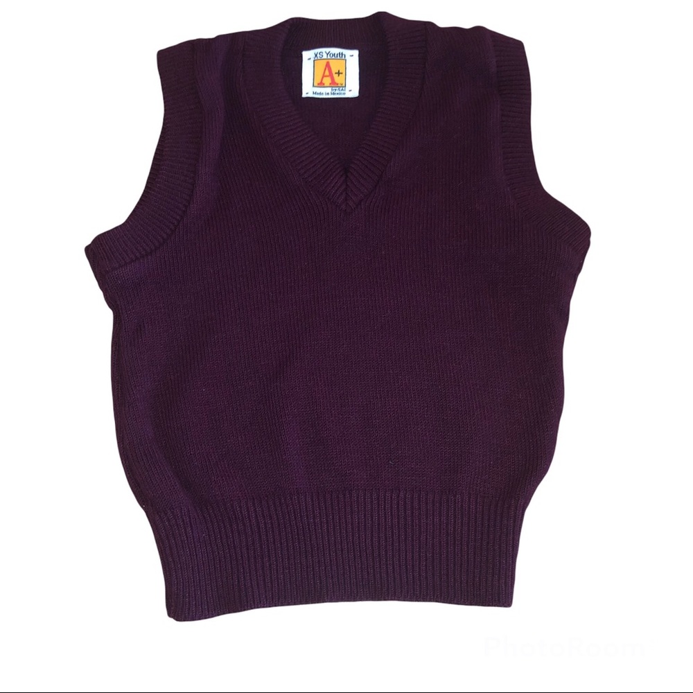 School Uniform Maroon V-Neck Vest Ribbed Trim Unisex Size XS 4 5  Boy Girl